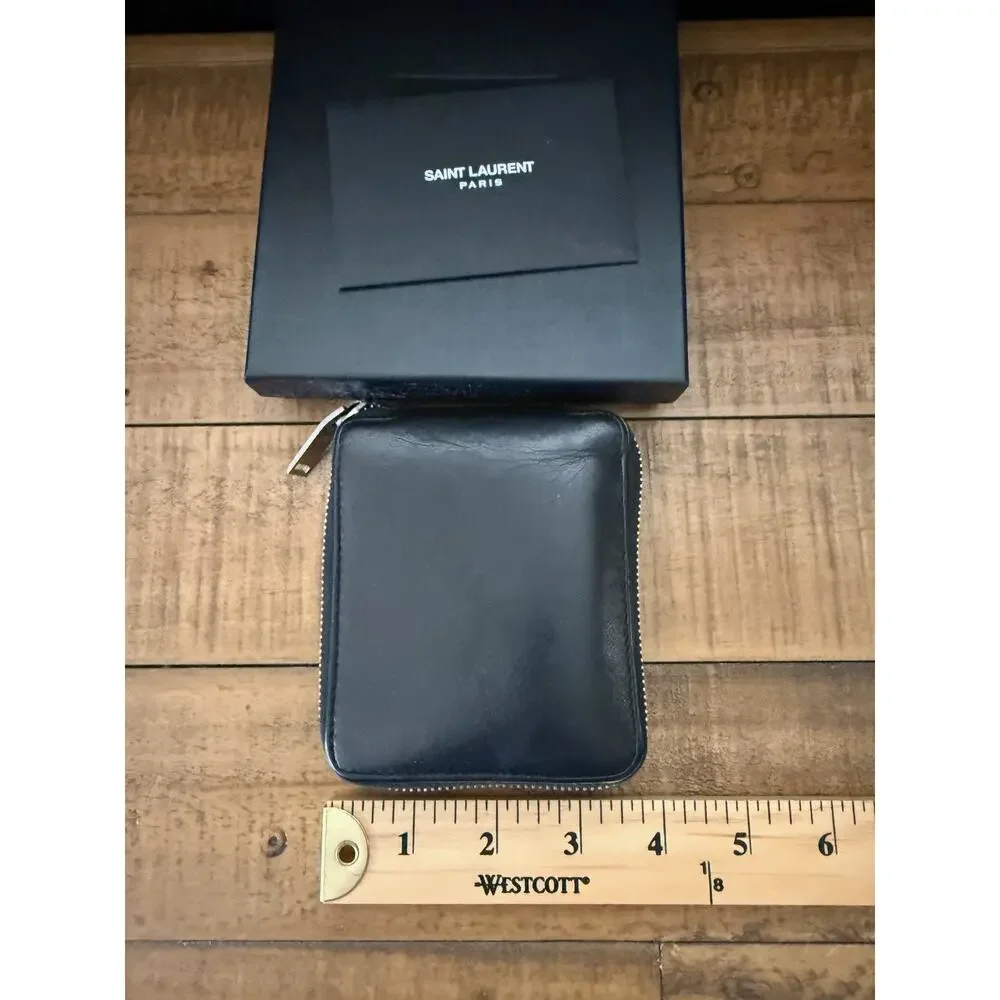 Saint Laurent Wallet Men's Black Leather Zip Around Bifold Coin Pocket W/Box